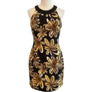 Jessica Howard Sheath Dress Black Yellow Floral Retro Halter Neck Womens 10P